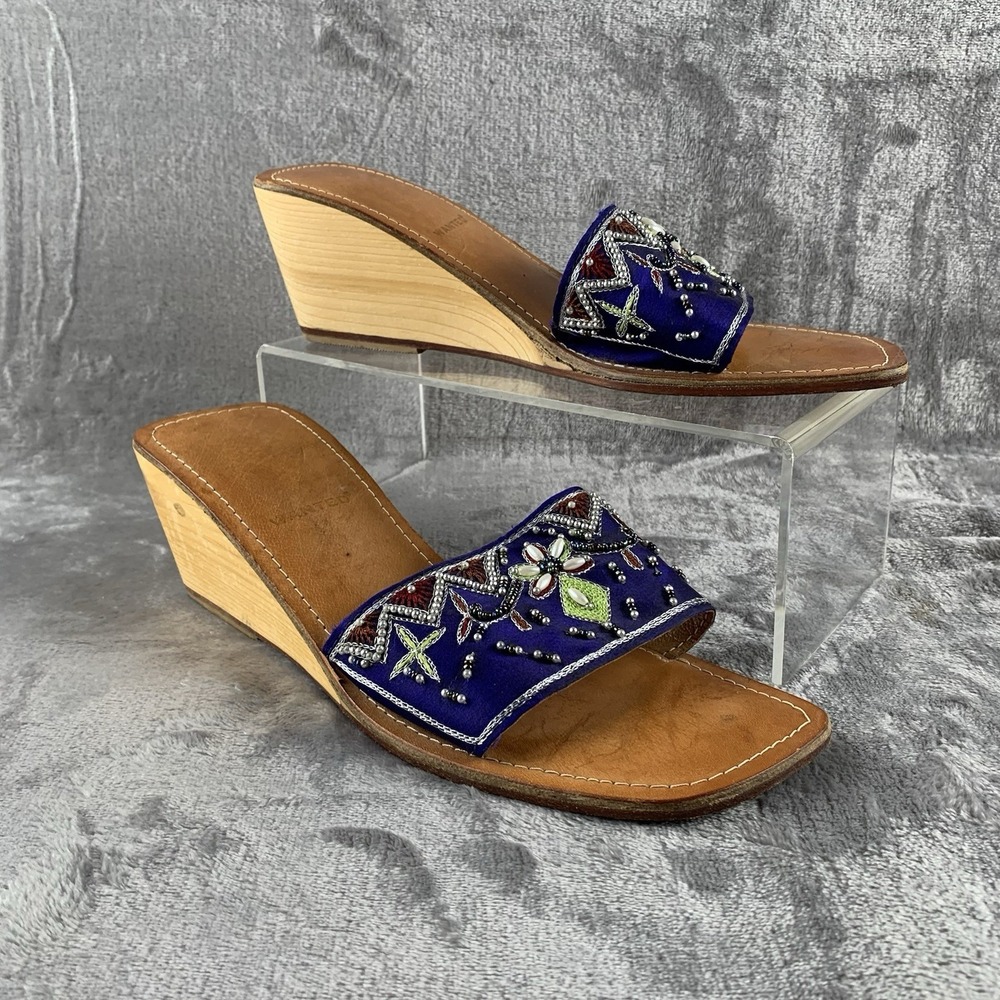 Wanted Sandals Womens 9 Blue Embroidered Beaded Wedge Wood Heel Made In India